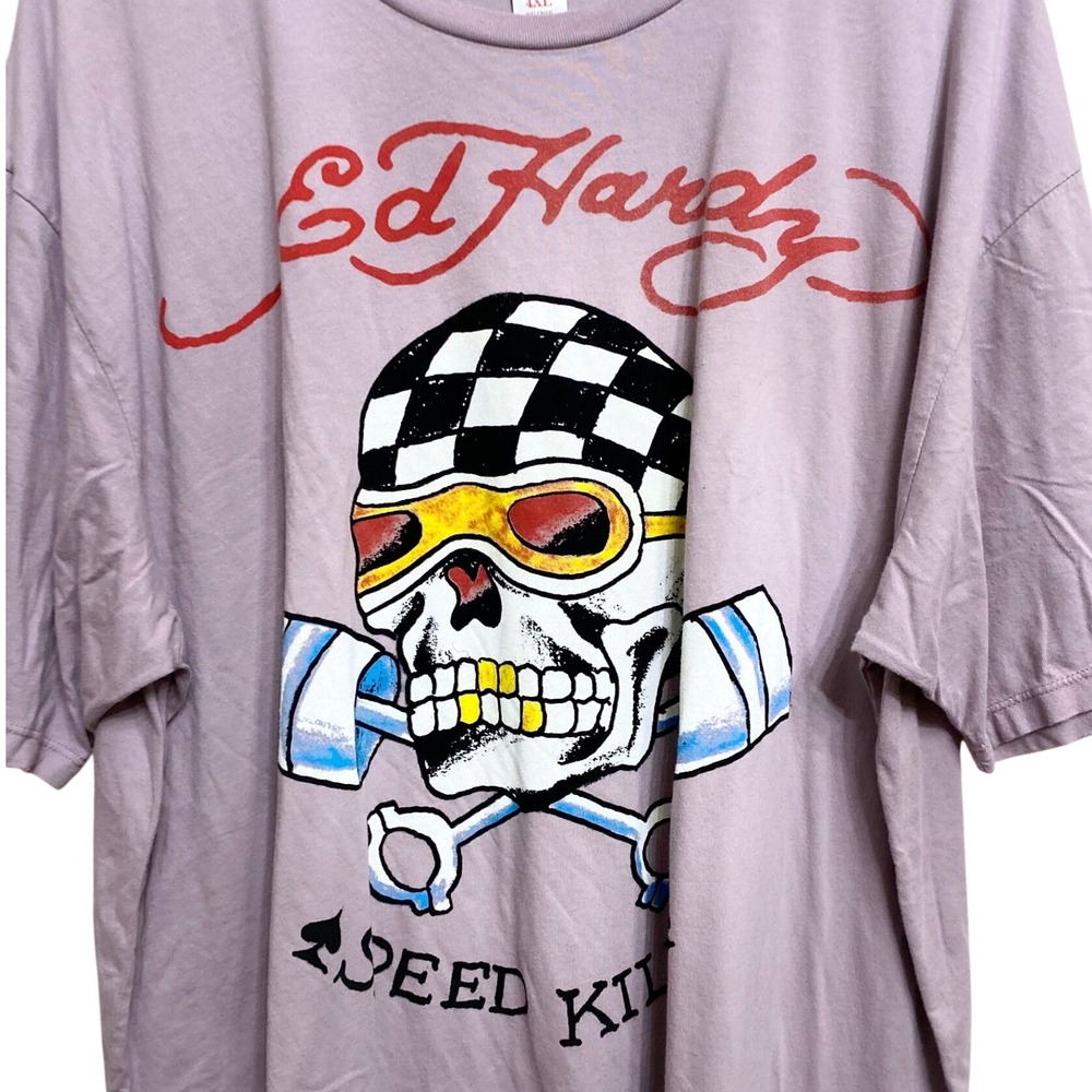 Ed Hardy Mens Speed Kills Skull Graphic T-Shirt Lavender Purple 4XL Y2K Tattoo - Picture 2 of 5